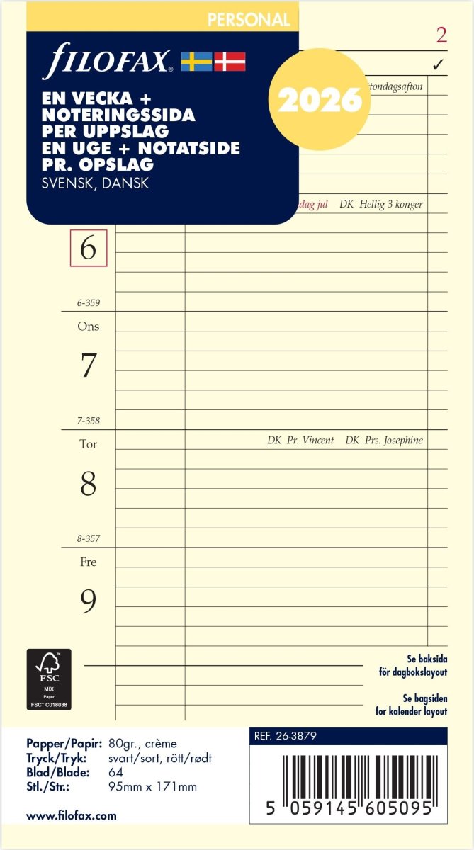 Filofax 2026 Refill | Personal | Vecka+Anteckning