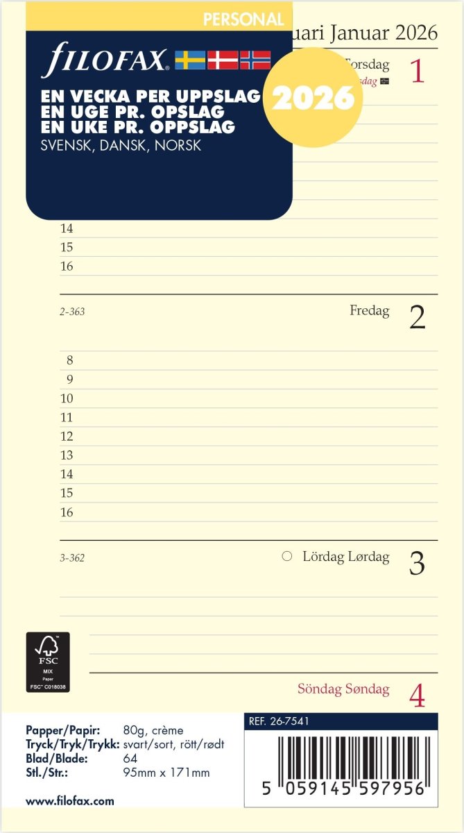 Filofax 2026 Refill | Personal | Vecka | Tvärform.