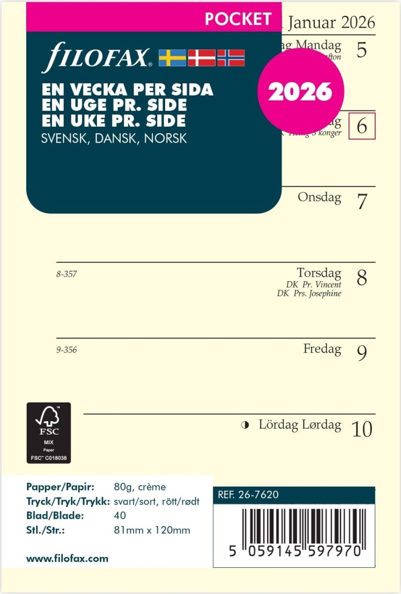 Filofax 2026 Refill | Pocket | Vecka
