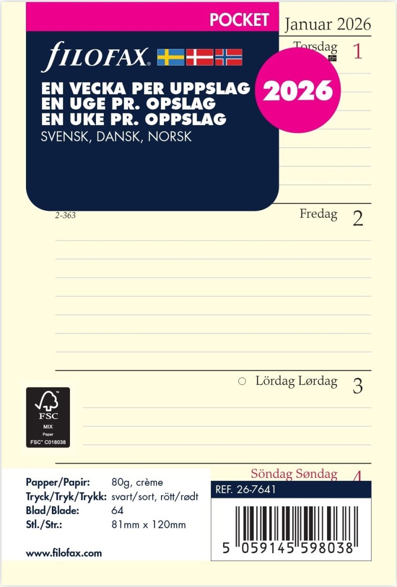 Filofax 2026 Refill | Pocket | Vecka per uppslag