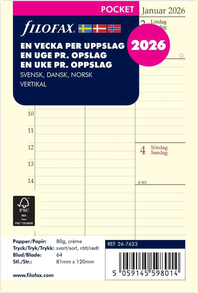 Filofax 2026 Refill | Pocket | Vecka | Högformat