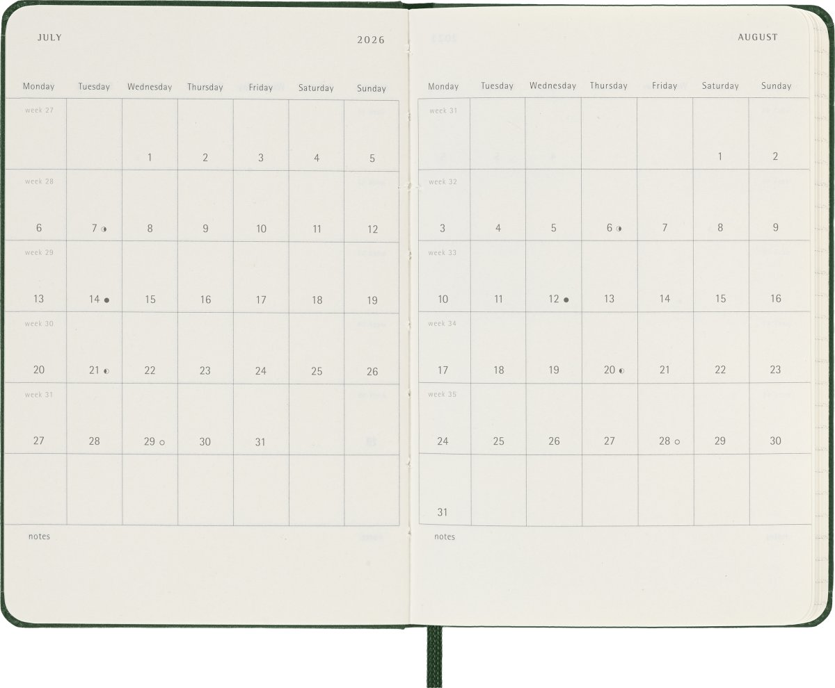 Moleskine 2026 Kalender | H | Dag | Poc. | Grön
