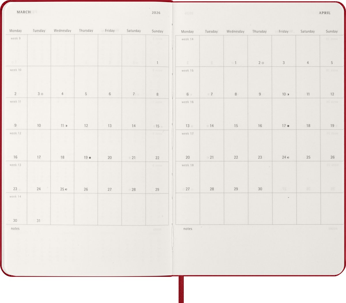 Moleskine 2026 Kalender | H | Vecka | L | Röd