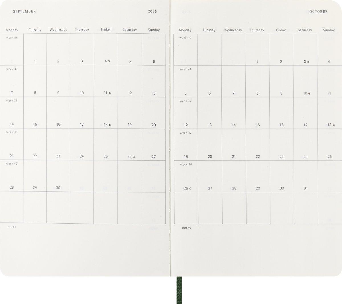 Moleskine 2026 Kalender | S | Vecka | L | Grön