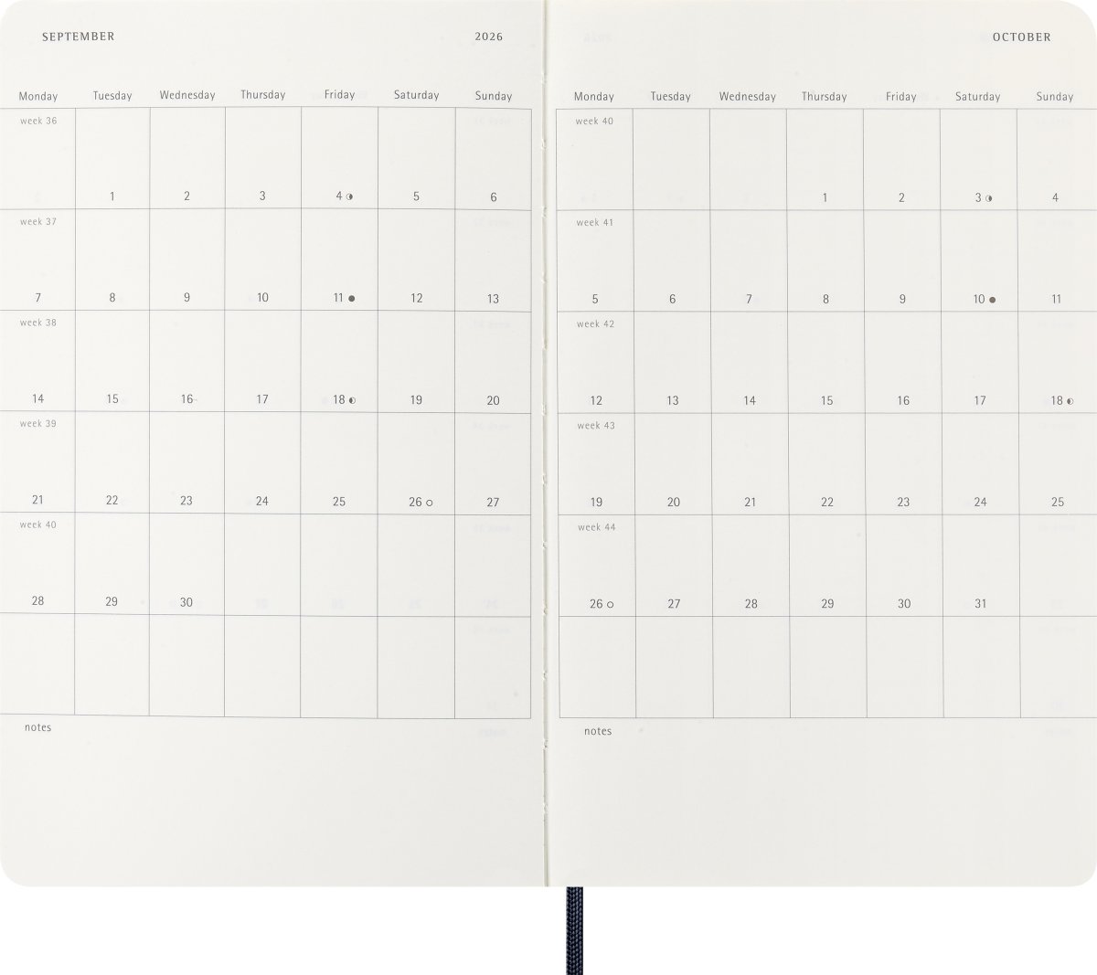 Moleskine 2026 Kalender | S | Vecka | L | Blå