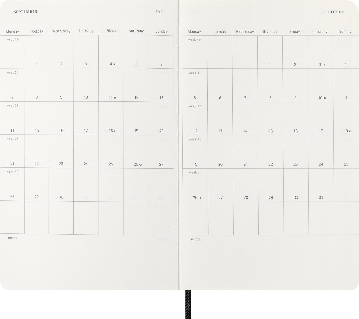 Moleskine 2026 Kalender | S | Vecka h. | L | Svart