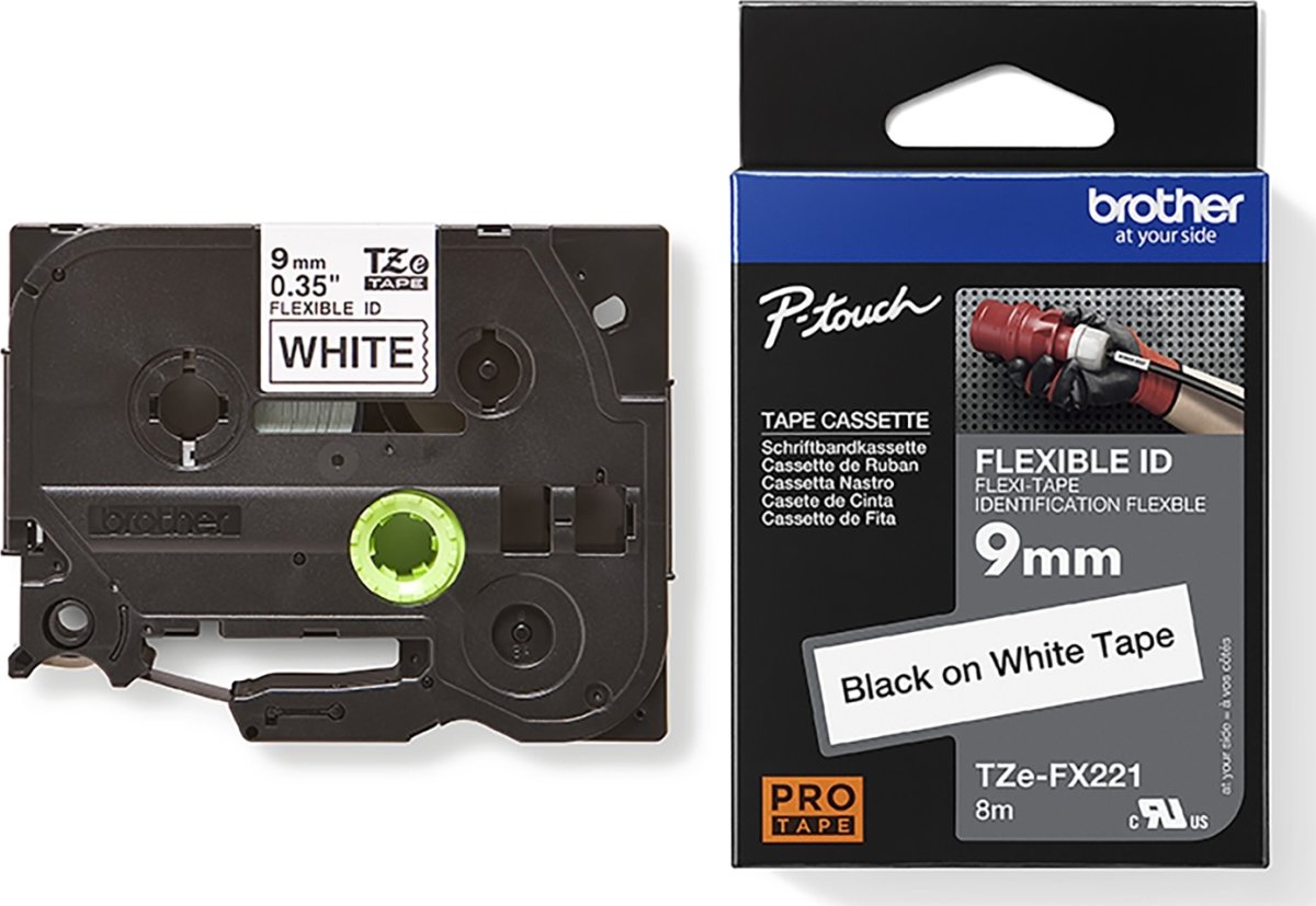 Brother TZe-FX221 etikettape, 9 mm, svart på vit