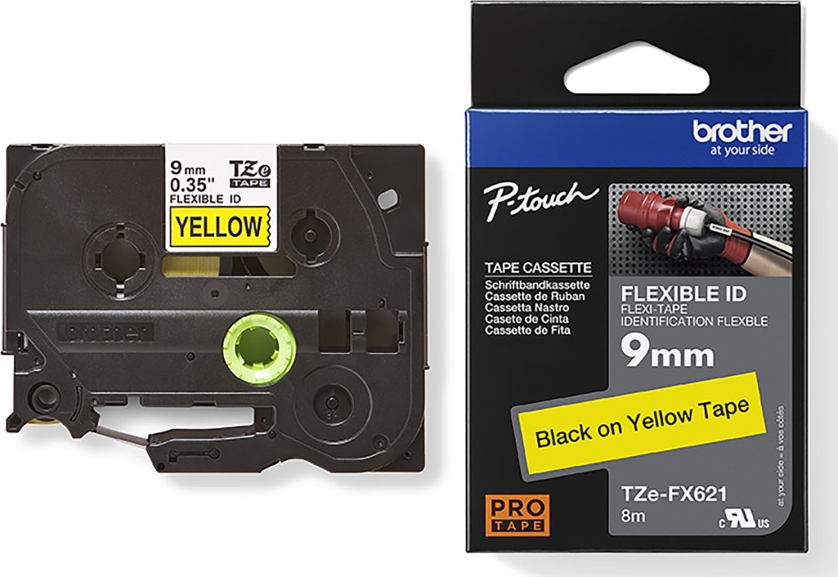 Brother TZe-FX621 etikettape, 9 mm, svart på gul