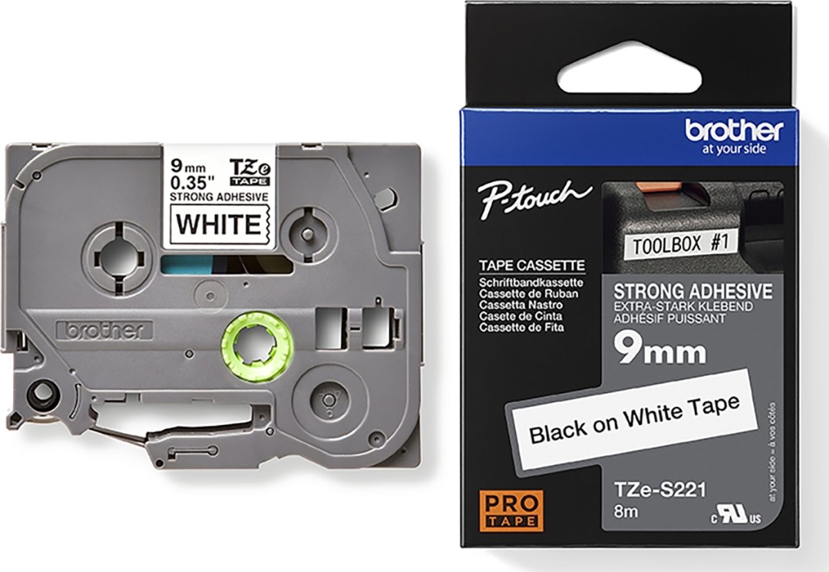 Brother TZe-S221, extra lim, 9 mm, svart på vit