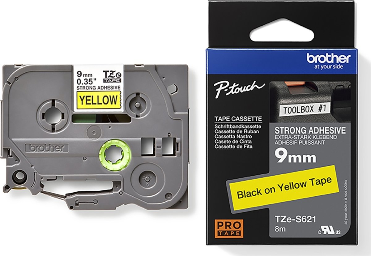 Brother TZe-S621, extra lim, 9 mm, svart på gul