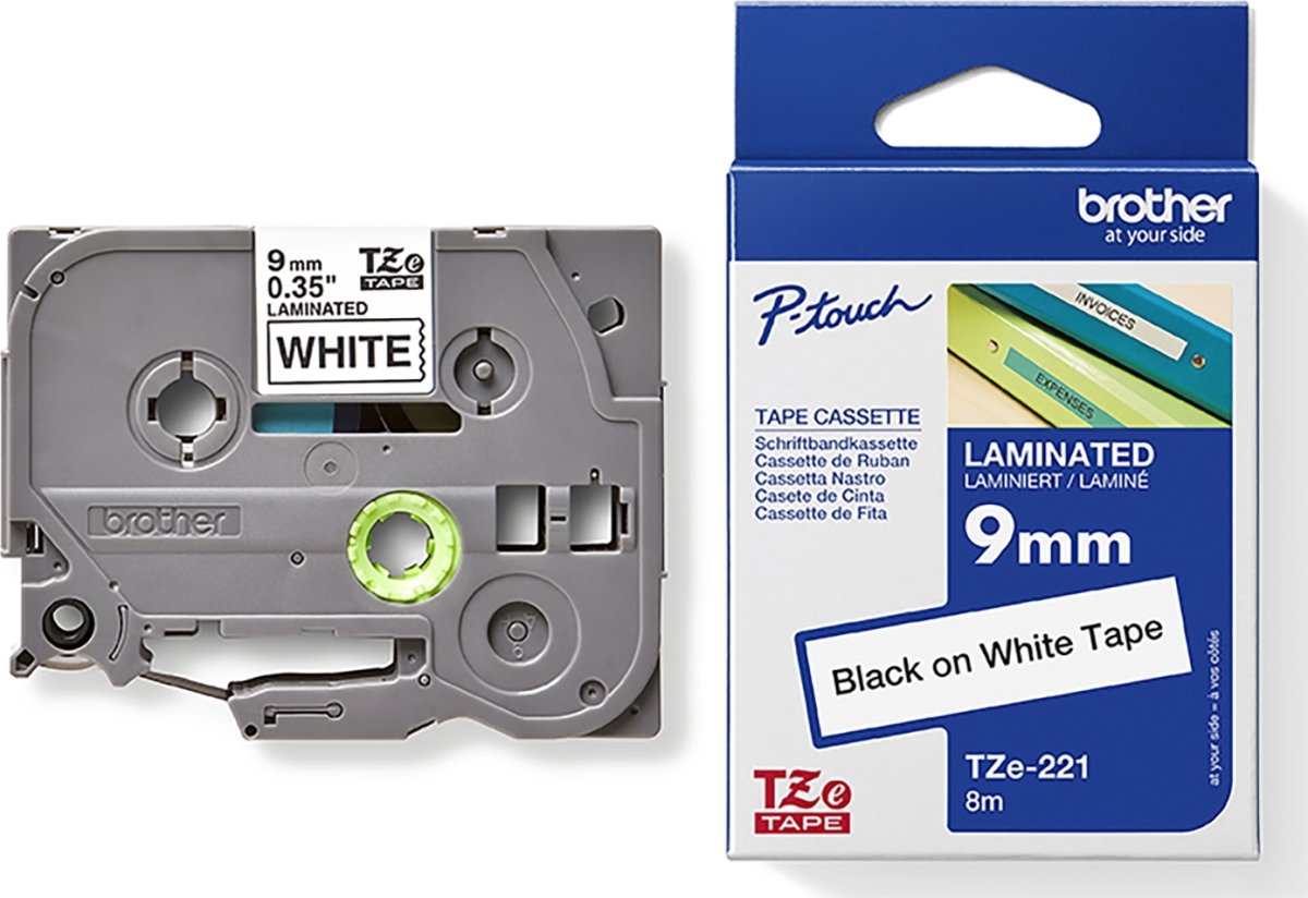Brother TZe-221 etikettape, 9 mm, svart på vit