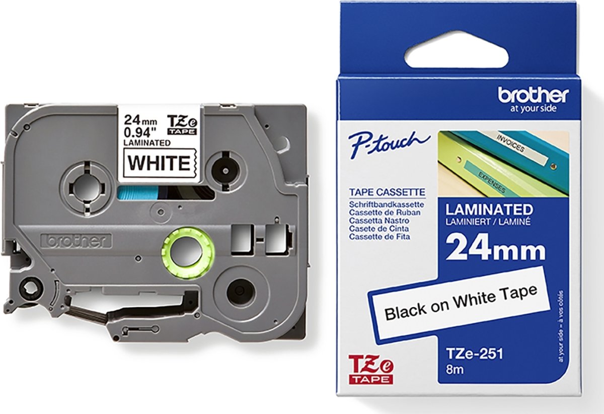 Brother TZe-251 etikettape, 24 mm, svart på vit
