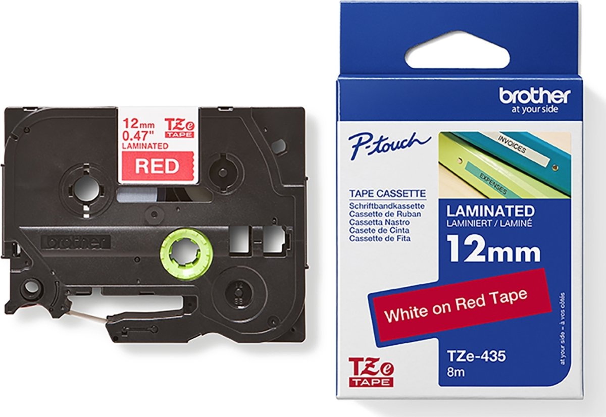 Brother TZe-435 etikettape, 12 mm, vit på röd