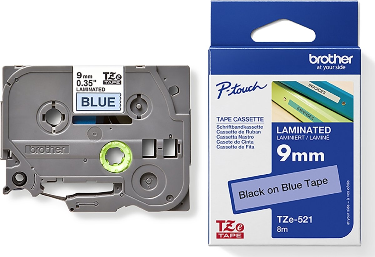 Brother TZe-521 etikettape, 9 mm, svart på blå