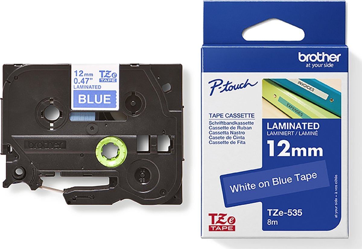Brother TZe-535 etikettape, 12 mm, vit på blå