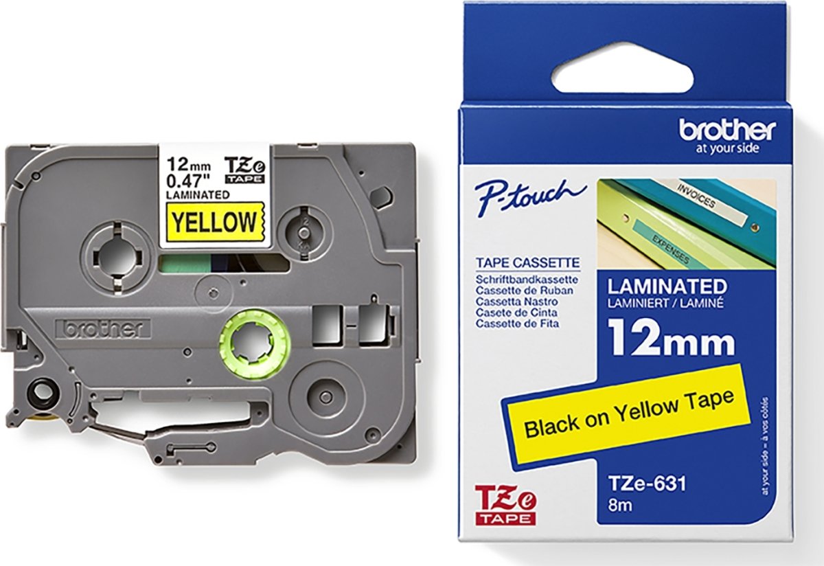 Brother TZe-631 etikettape, 12 mm, svart på gul