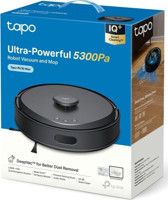 TP-Link Tapo RV30 robotdammsugare, Påslös, Svart