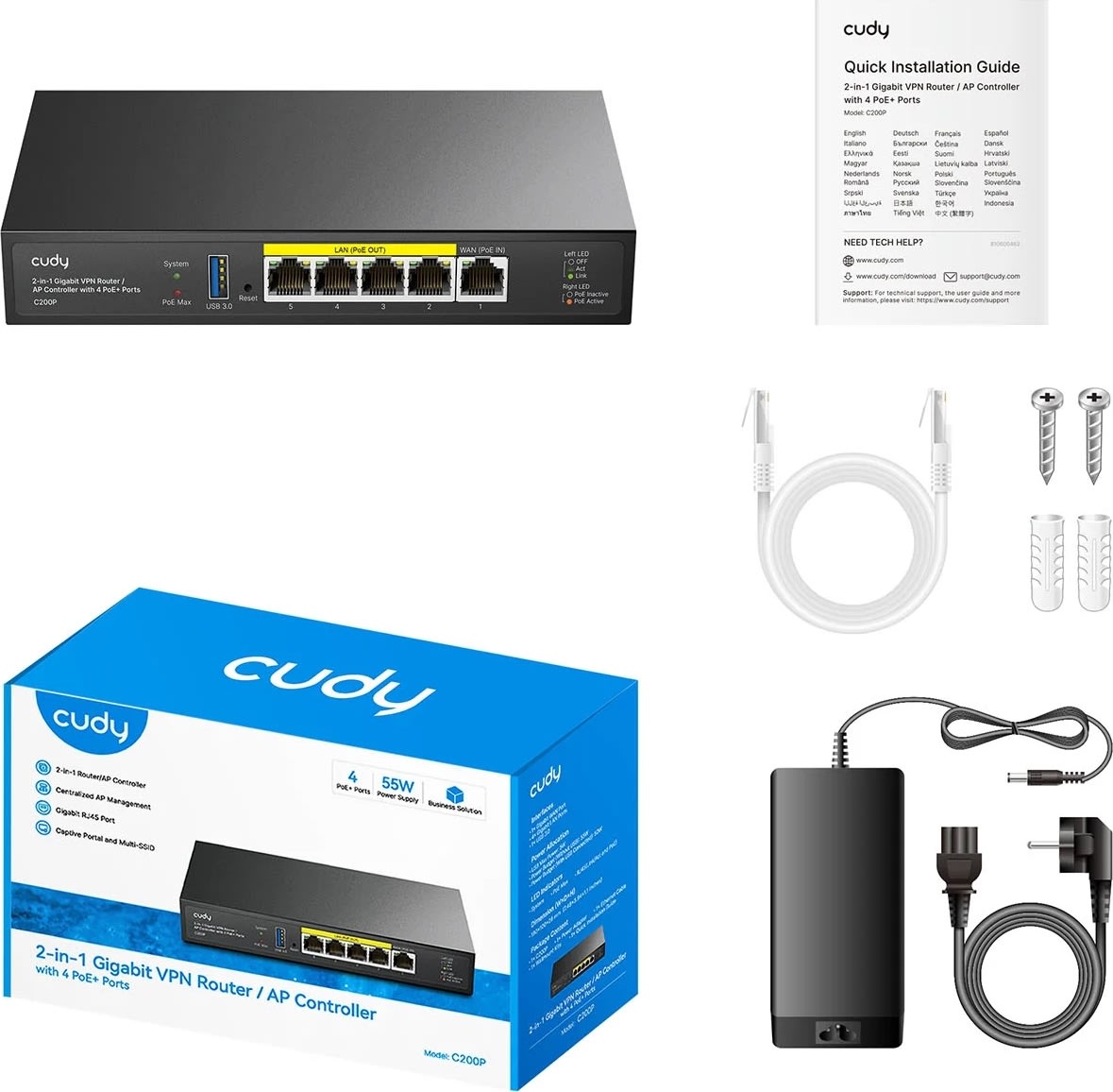 CUDY AP Controller 2-i-1 C200P, 4x POE+ 60W