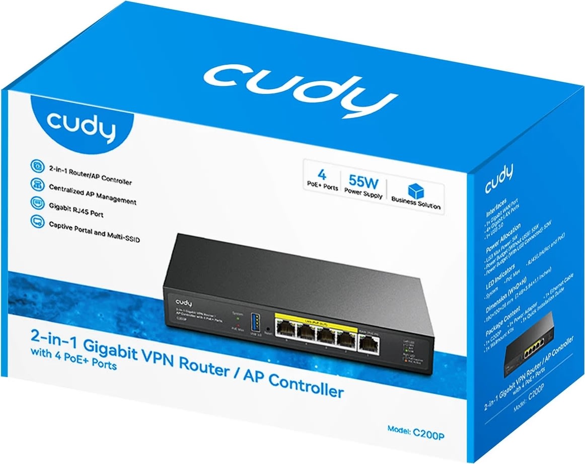 CUDY AP Controller 2-i-1 C200P, 4x POE+ 60W