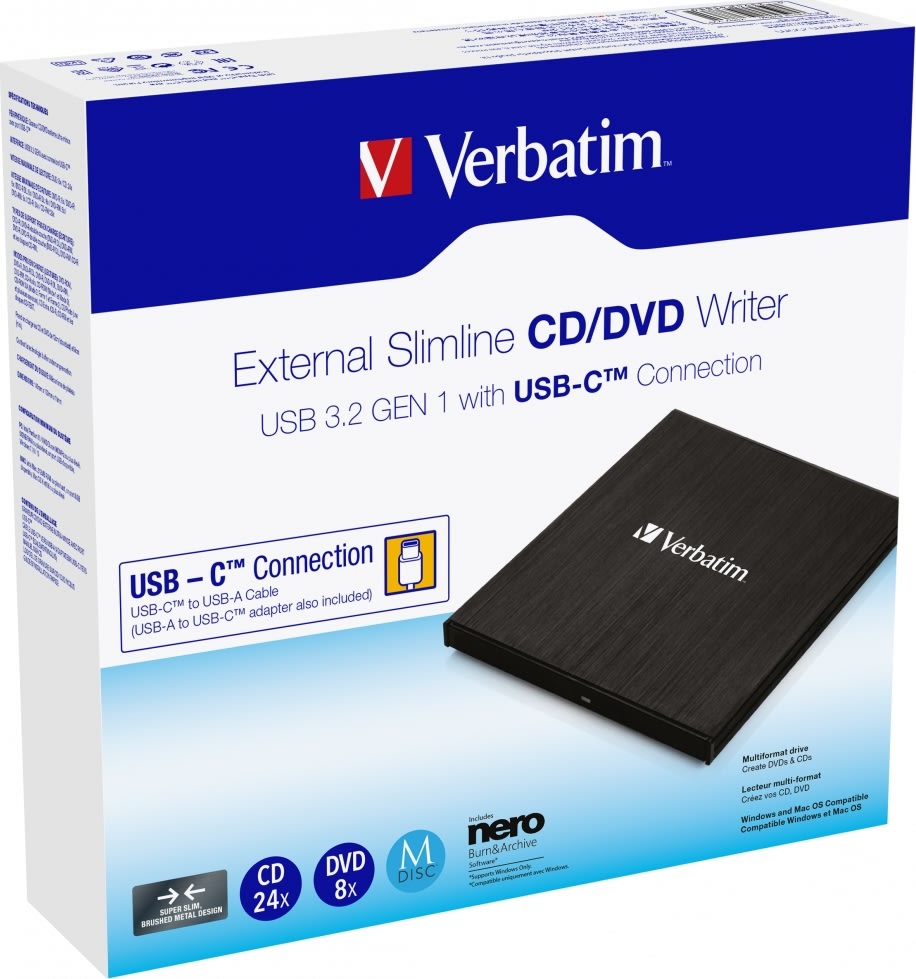 Verbatim Slank extern CD/DVD-brännare med USB-C