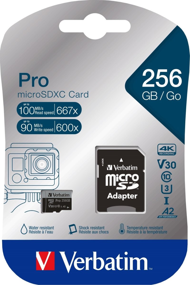 Verbatim Micro SDXC-kort PRO U3, 10 A2, 256GB