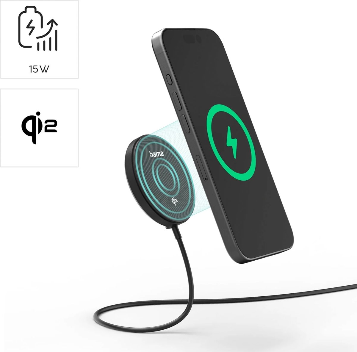HAMA Trådlös laddning, Qi2 - 15W, Svart