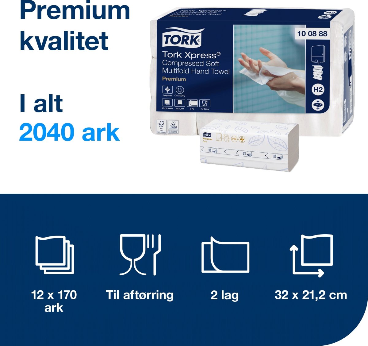 Tork H2 Compressed Prem. Handduk M-Fold 12 pk