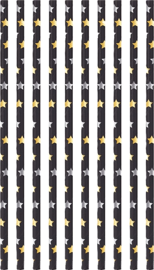 Sugrör, 10 st, papper, svart m. stjärnor