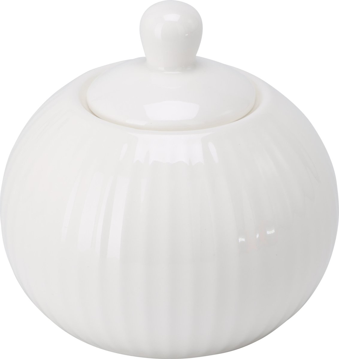 Sockerskål m. lock, räfflad, vit, porslin, 310 ml.