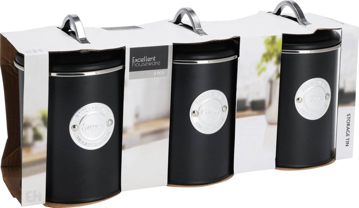 Förvaringsburkar för kaffe/te/socker, svart metall