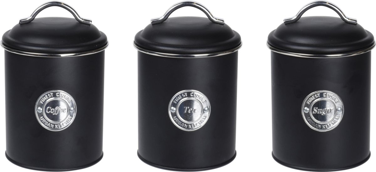 Förvaringsburkar för kaffe/te/socker, svart metall