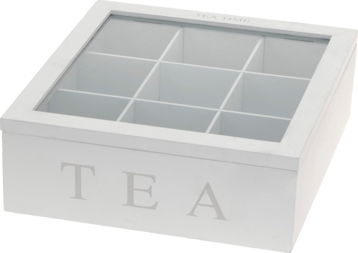 Teförvaring, 9 fack, vit, 23x23x9 cm.