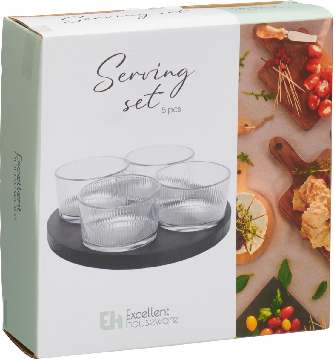 Skålset, 4 glasskålar, svart träbricka