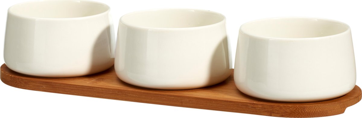 Skålset, 3 porslinsskålar, bambusbricka