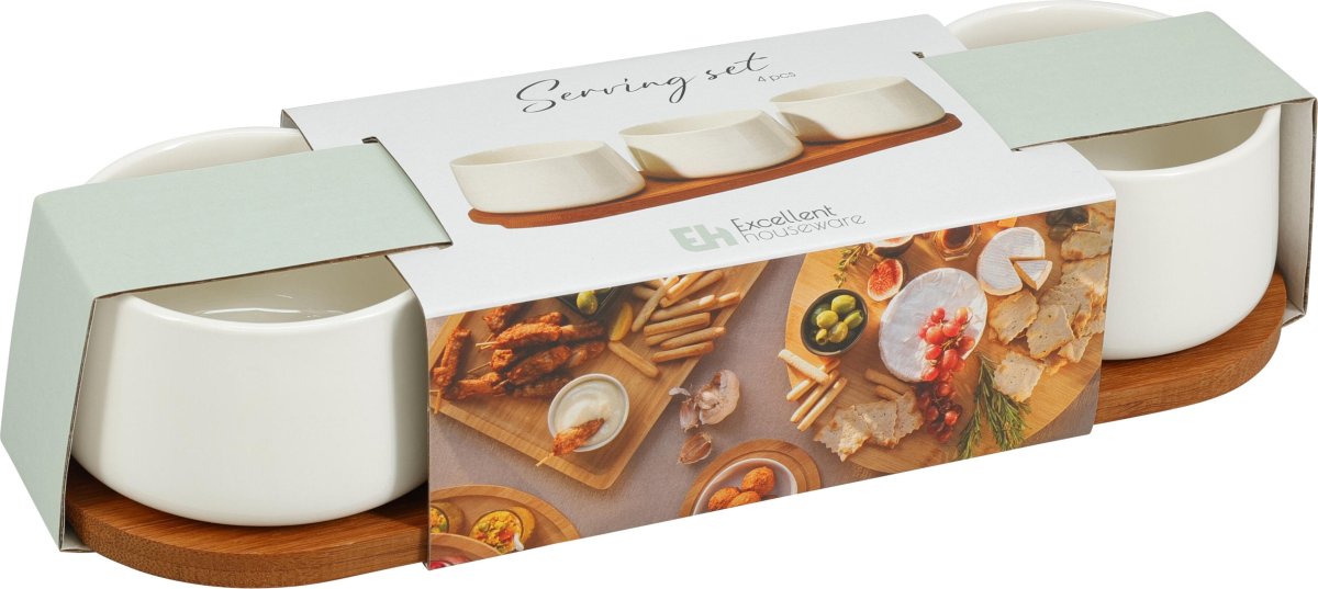 Skålset, 3 porslinsskålar, bambusbricka