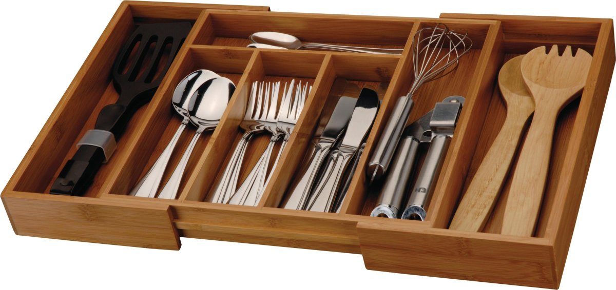 Besticklåda med utdrag, bambu, 34x28-45x5 cm.