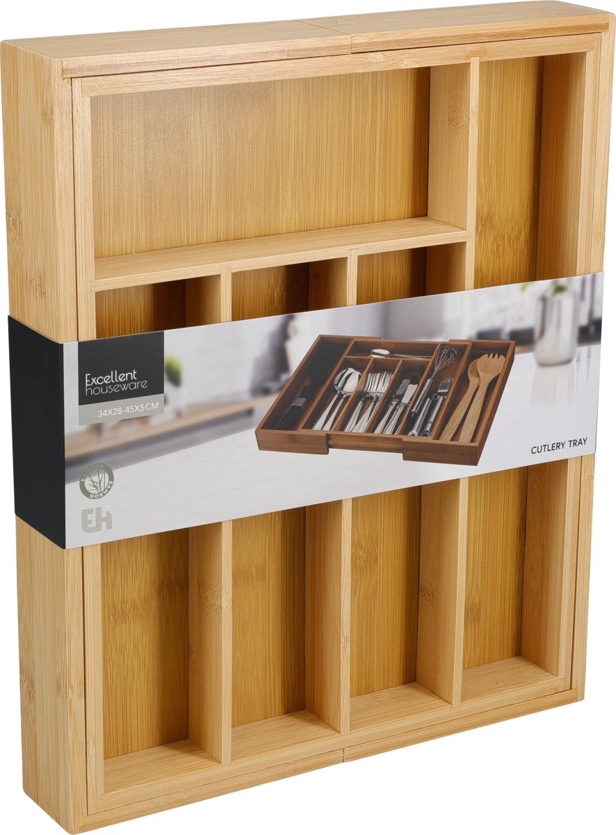 Besticklåda med utdrag, bambu, 34x28-45x5 cm.