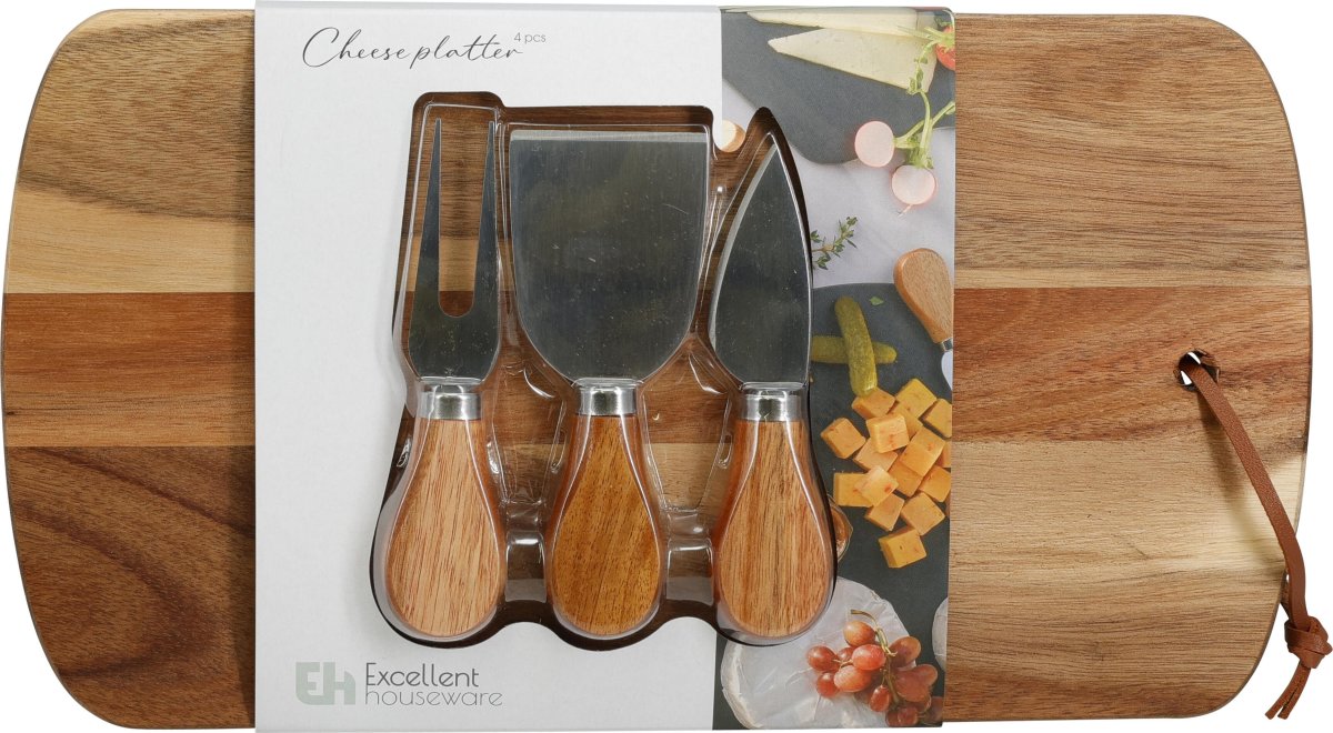 Ostbricka med knivar, akaciaträ, 4 delar
