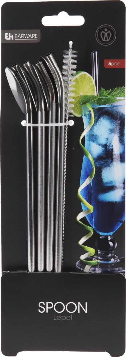 Sugrör med sked, rostfritt stål, 4 sugrör+borste