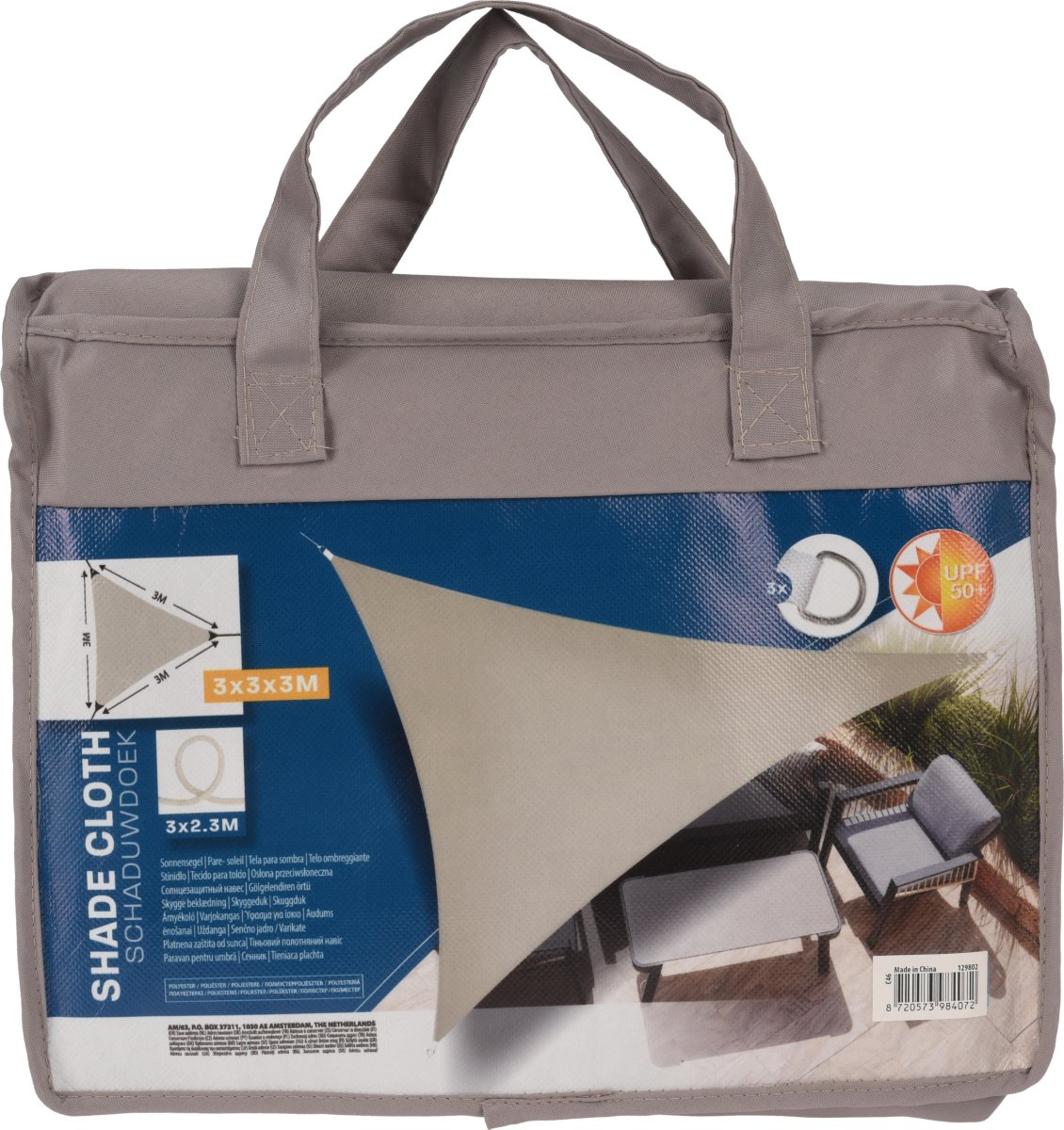 Solsegel, triangel, 3x3x3 meter, taupe