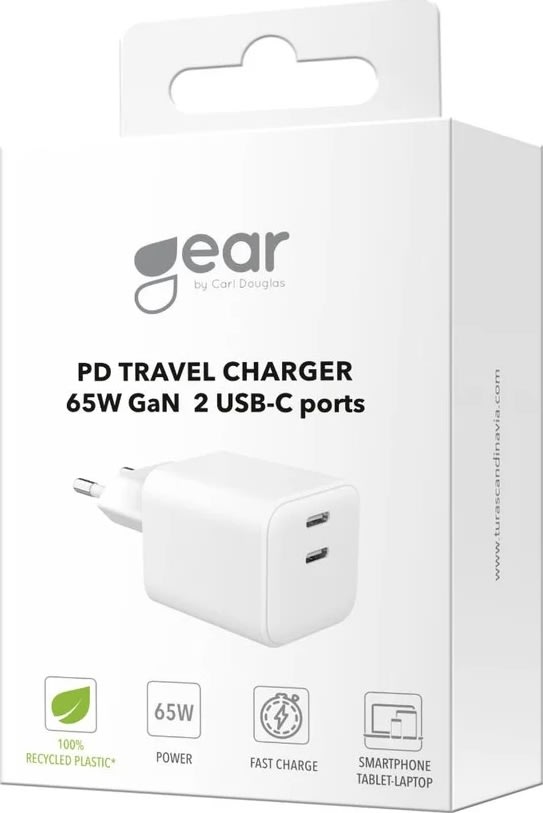 GEAR Laddare, 65W, 220V, 2x USB-C - Vit