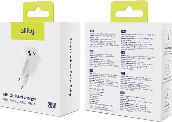 Allity Laddare, 1x USB-C, 1x USB-A, 20W - Vit