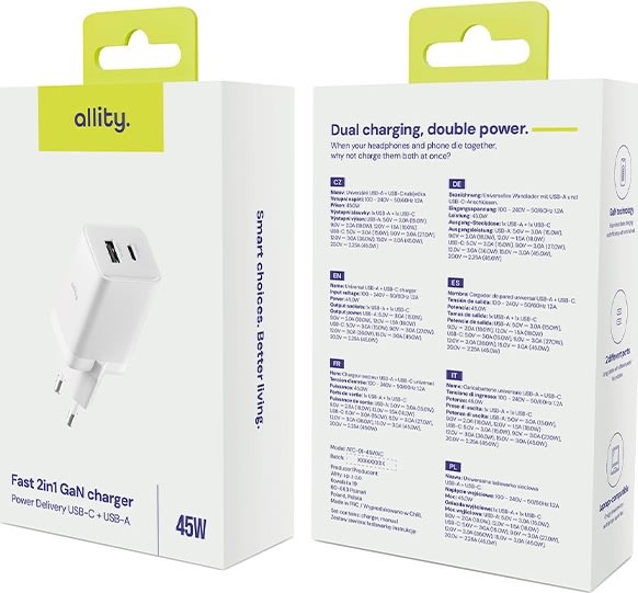 Allity Laddare, 1x USB-C, 1x USB-A, 45W - Vit