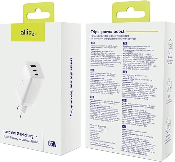 Allity Laddare, 2x USB-C, 1x USB-A, 65W - Vit