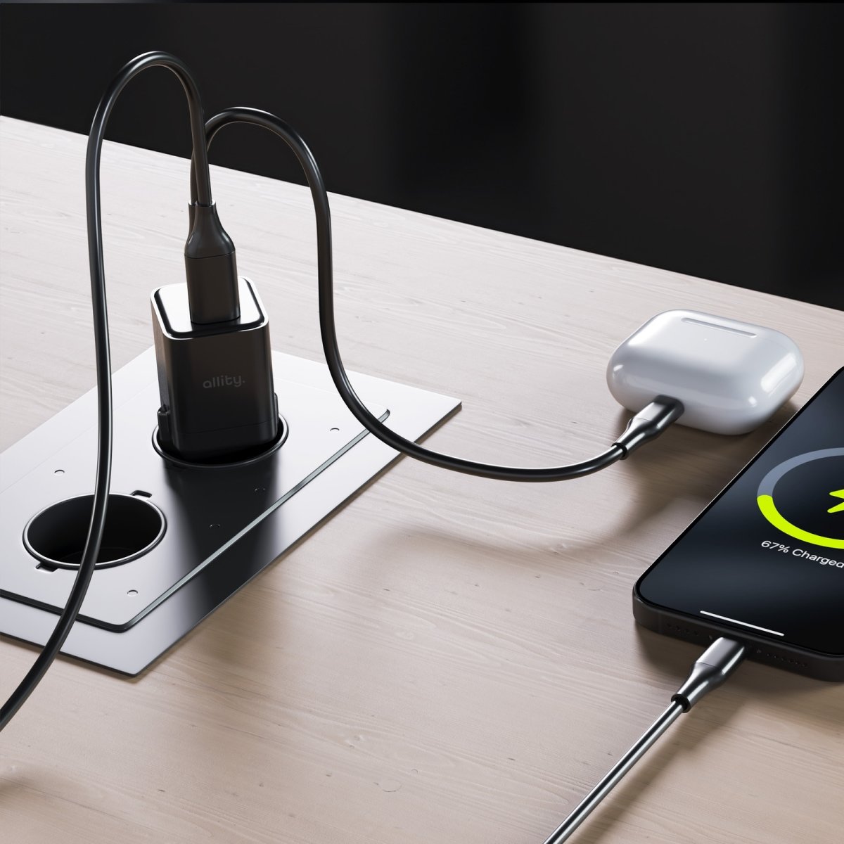 Allity Laddare, 1x USB-C, 1x USB-A, 20W - Svart