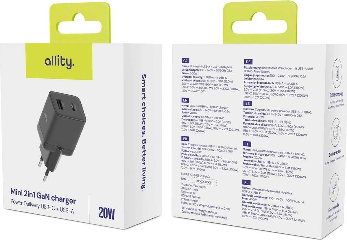 Allity Laddare, 1x USB-C, 1x USB-A, 20W - Svart
