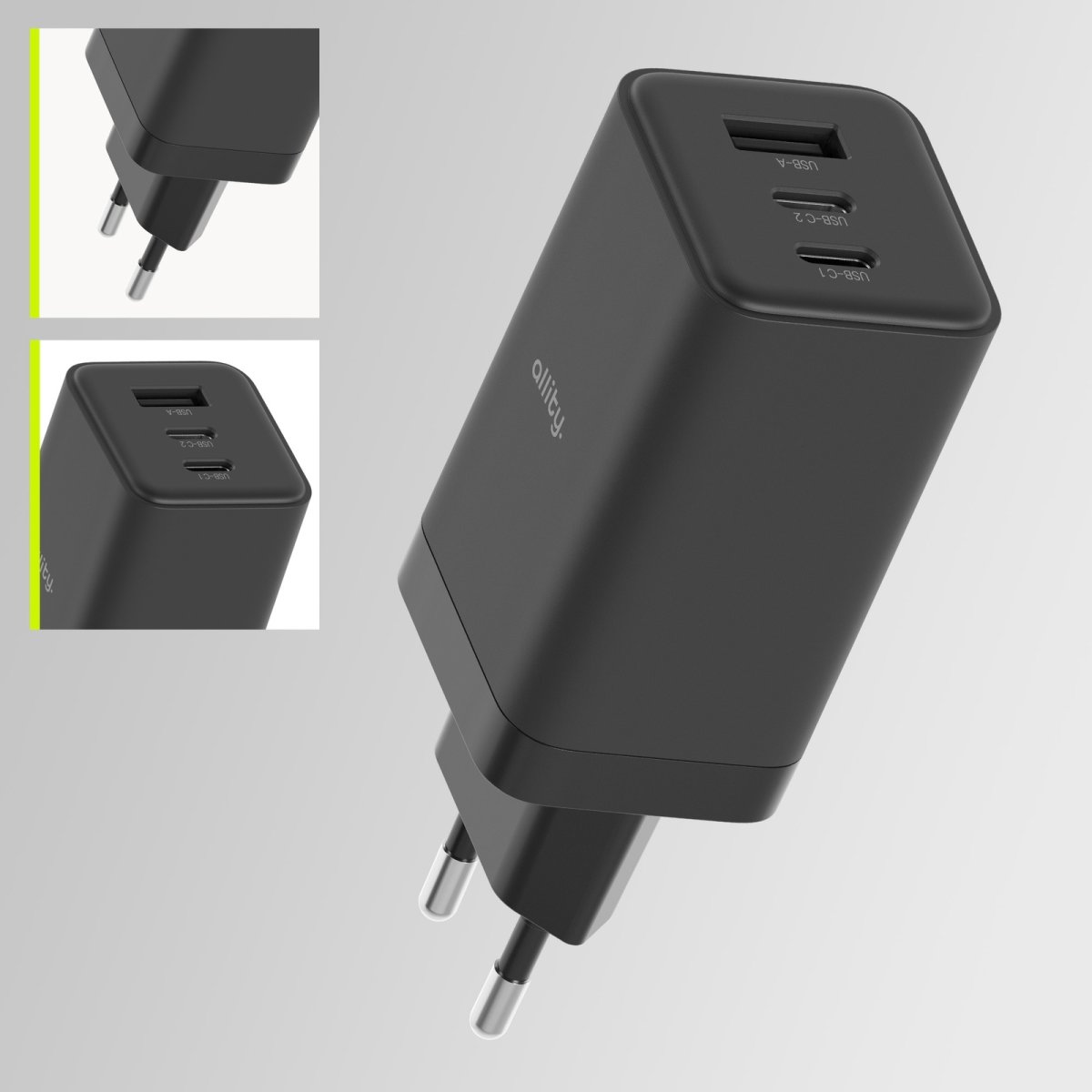 Allity 2x USB-C, 1x USB-A, 65W - Svart