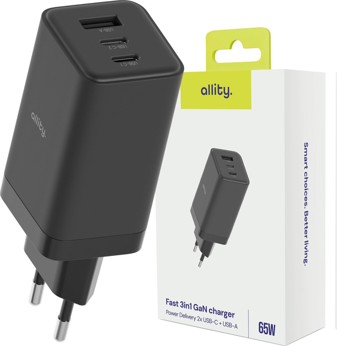 Allity 2x USB-C, 1x USB-A, 65W - Svart