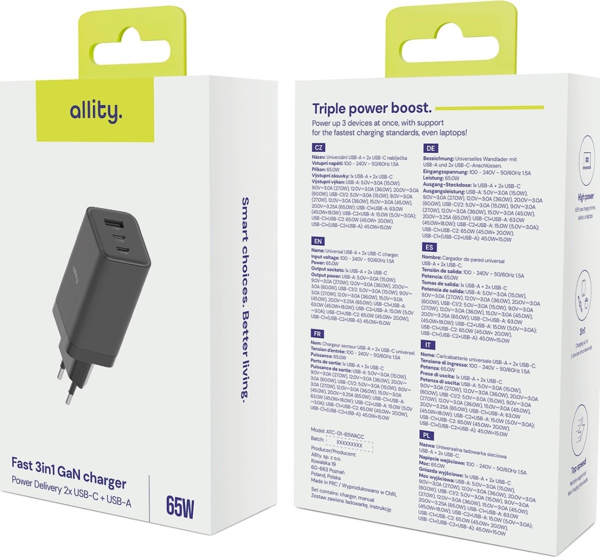 Allity 2x USB-C, 1x USB-A, 65W - Svart