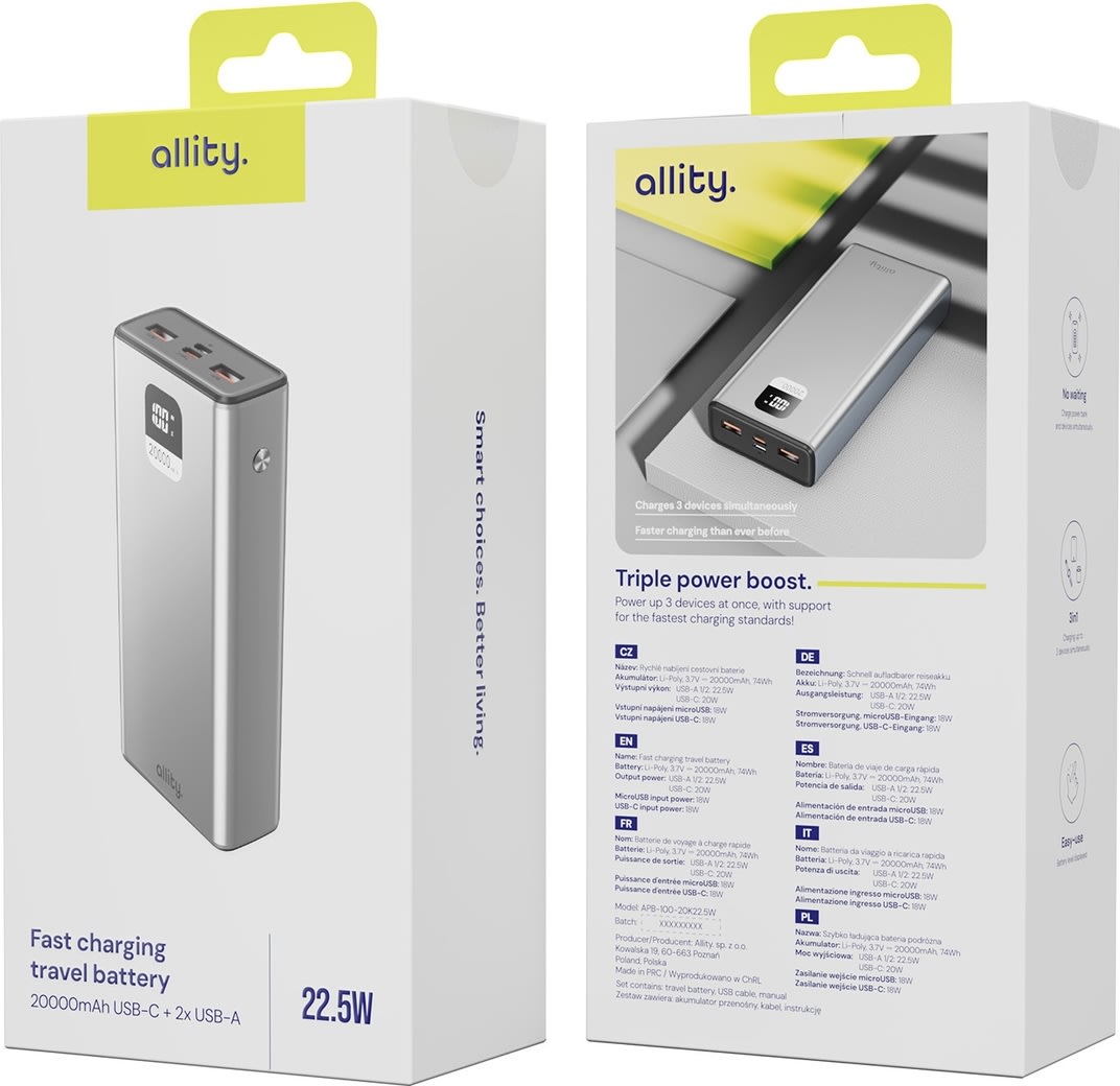 Allity Powerbank, 22,5W, 20000 mAh - Grå
